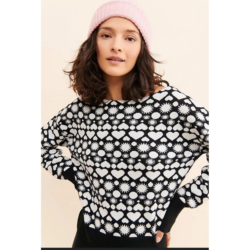Maeve Anthropologie Sweater Womens XL Black White Heart Boat Neck Kawaii Emo